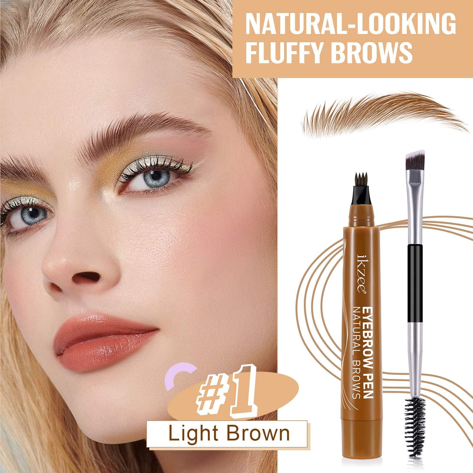 ikzee Eyebrow Pen (Light Brown), 4 Fork Tip for 3D Natural Eyebrow
