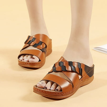 

YOTAMI Womens Slippers Women Summer Slip-On Wedges Beach Open Toe Breathable Sandals Splicing Shoes Brown