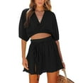thumbnail image 3 of Women's Skirt Set Summer Lounge Beach 2 Piece Sexy Outfit Wrap Skirt and Top Lounge Travel Set Half-Sleeve V-Neck Crop Top High-Waisted Slit Dress Black, 3 of 7