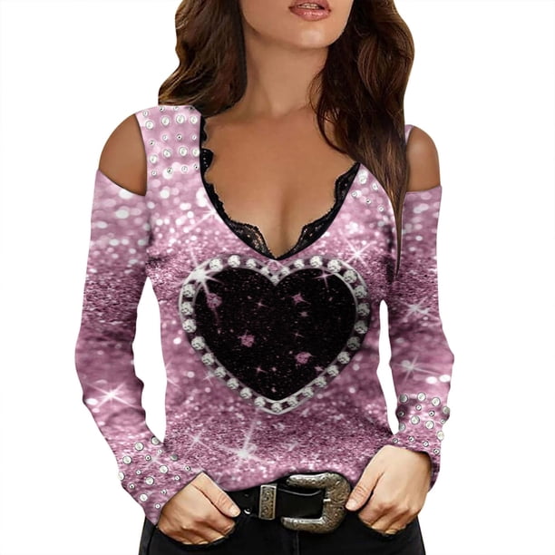 Camisas Para Mujer Moda Cuello en V Manga Larga Hombro Frío Camiseta Otoño Impresión Blusa de Encaje Tops Odeerbi ODB124326