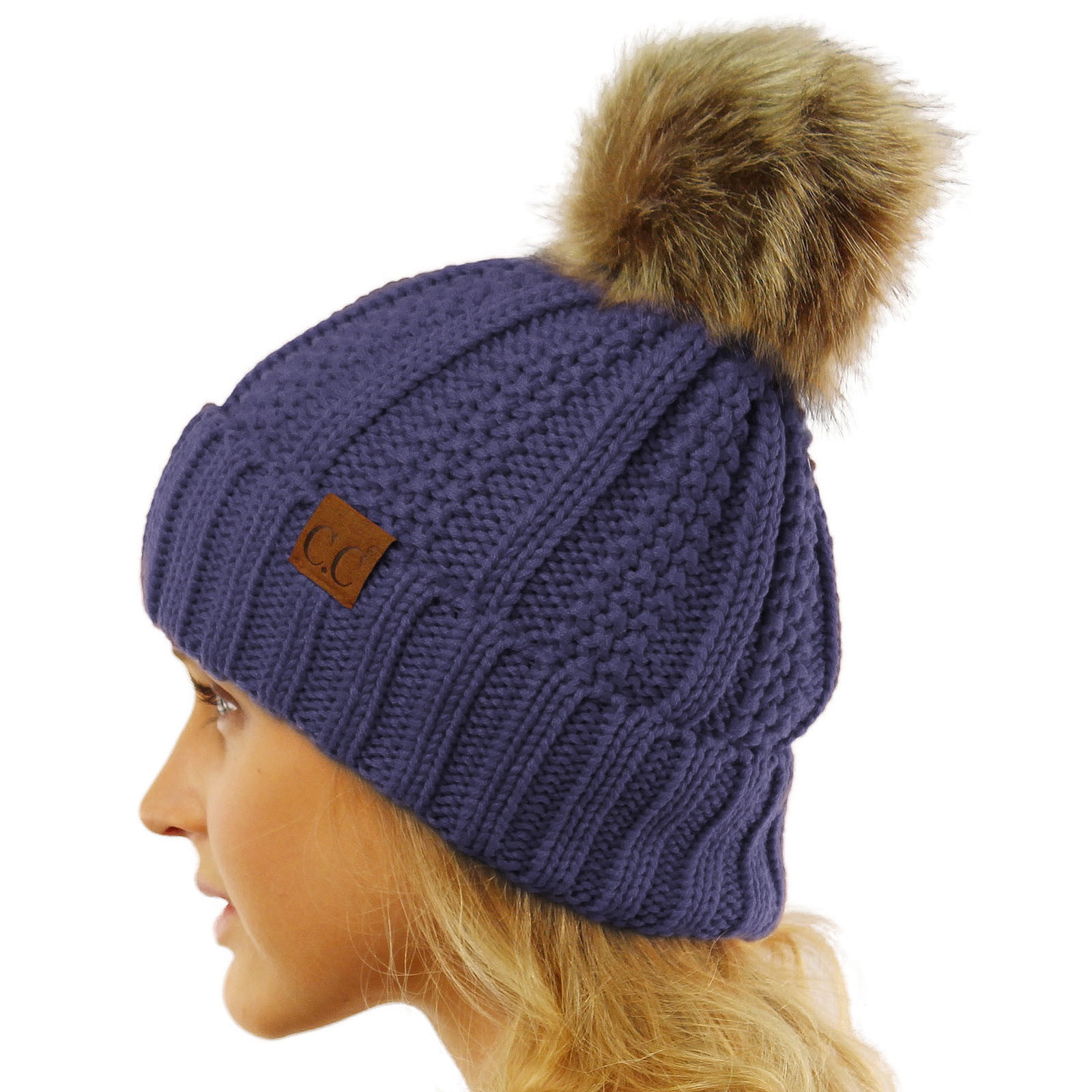 Pom Pom Beanie Hat Cap (Solid Dk. Denim 