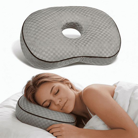 Pozico 1 Pack Gray Ear Pillow For Side Sleepers, Hollow Hole For Ear Piercing And CNH Relief, Washable Adjustable