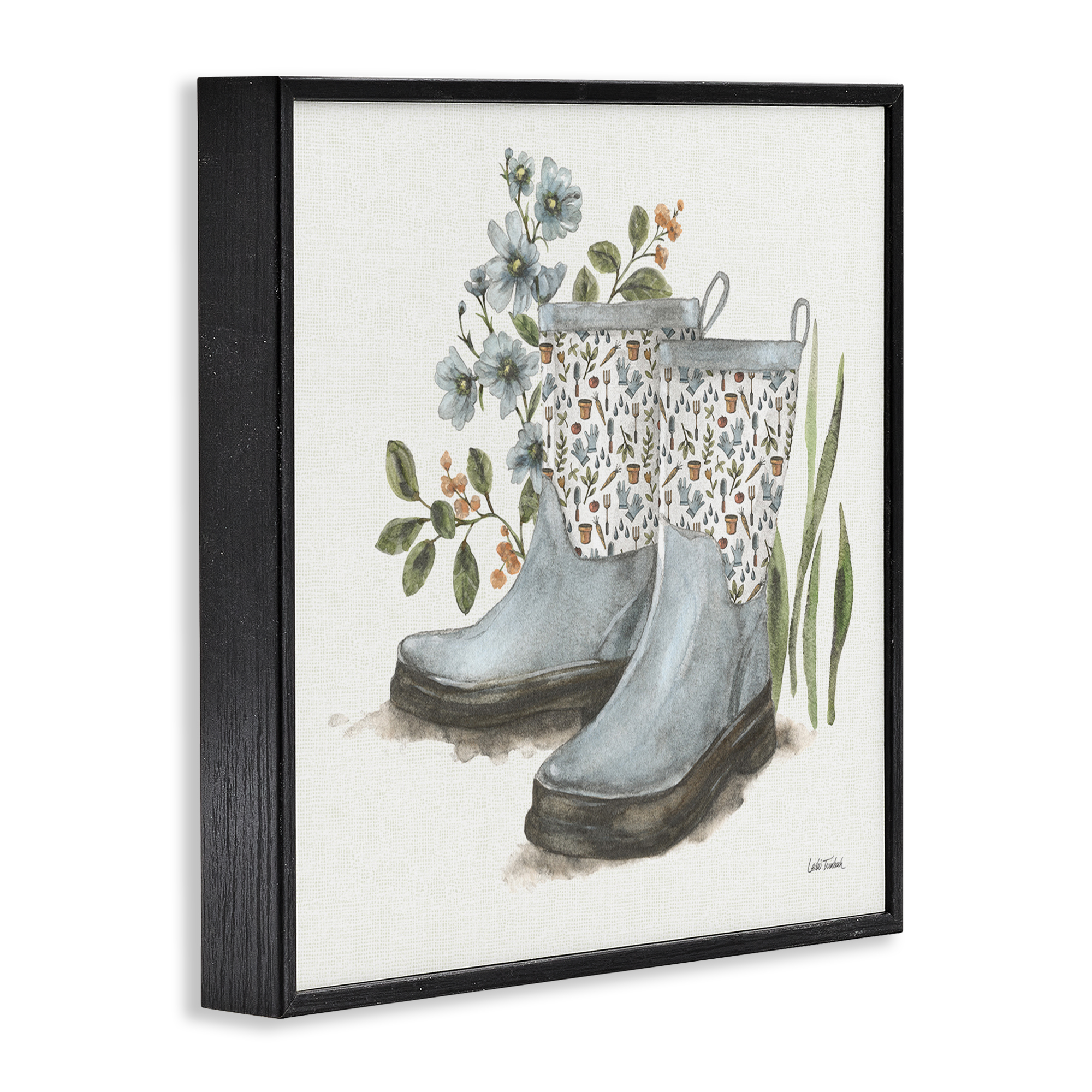 Stupell Industries Floral Gardening Boots Botanical & Floral Painting Black Framed Art Print Wall Art, 17 x 17
