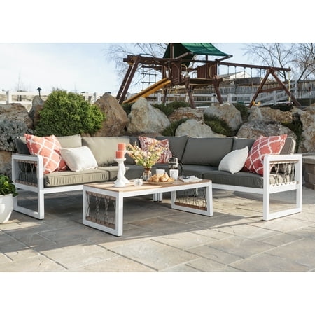 Manor Park 4 Pc Outdoor Patio Sectional Set, Gray/White Metal with Table