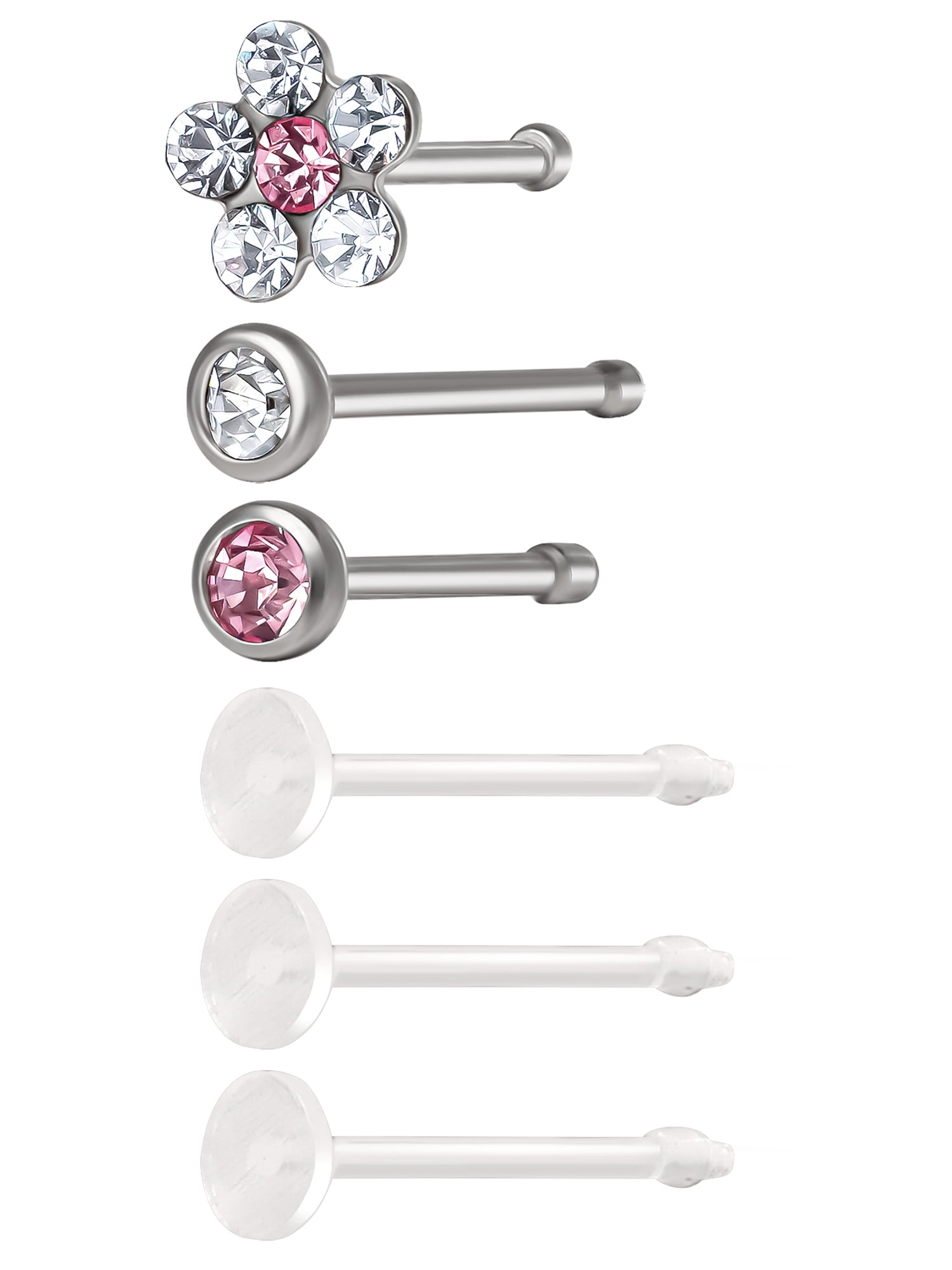 Body Jewelry Women's 22G Steel Nose Studs with Crystals, 6 Pack