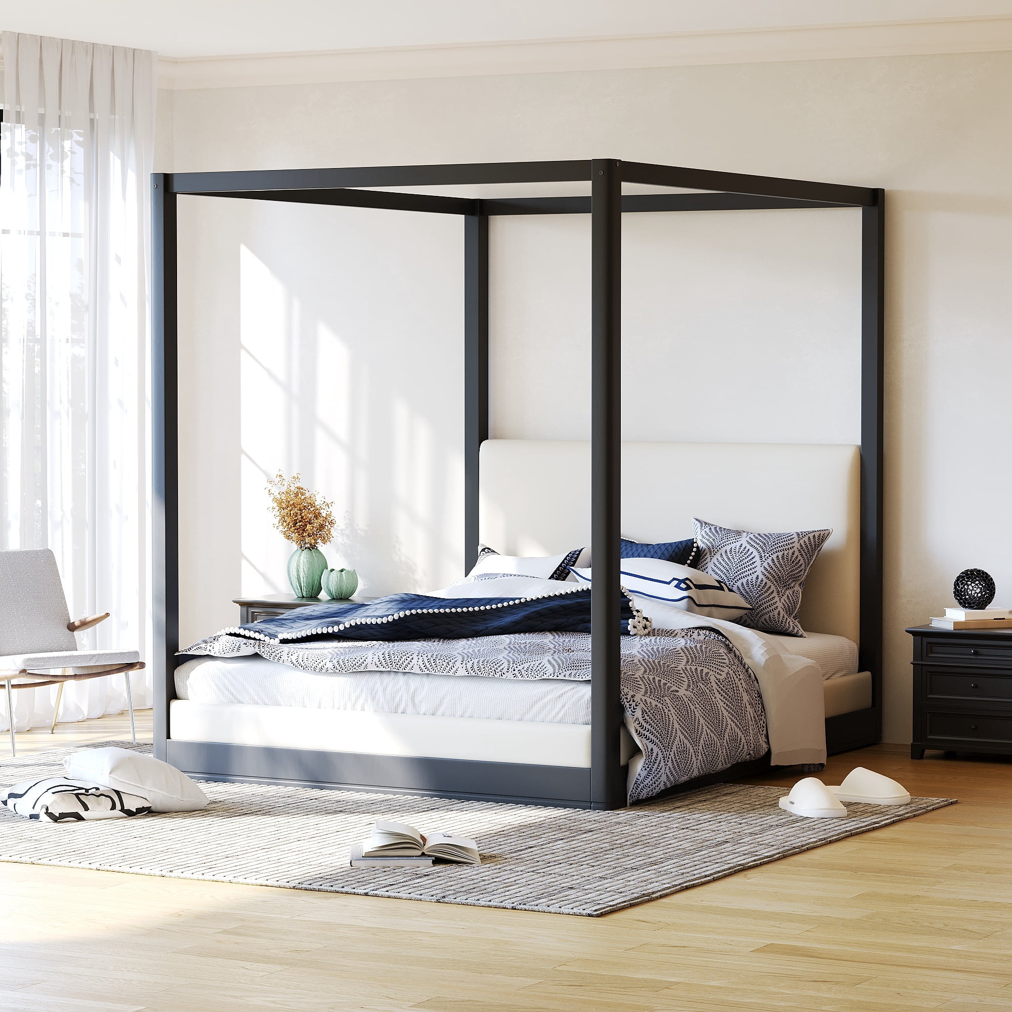 Euroco Wood Queen Size Canopy Bed with Upholstery Headboard, Black