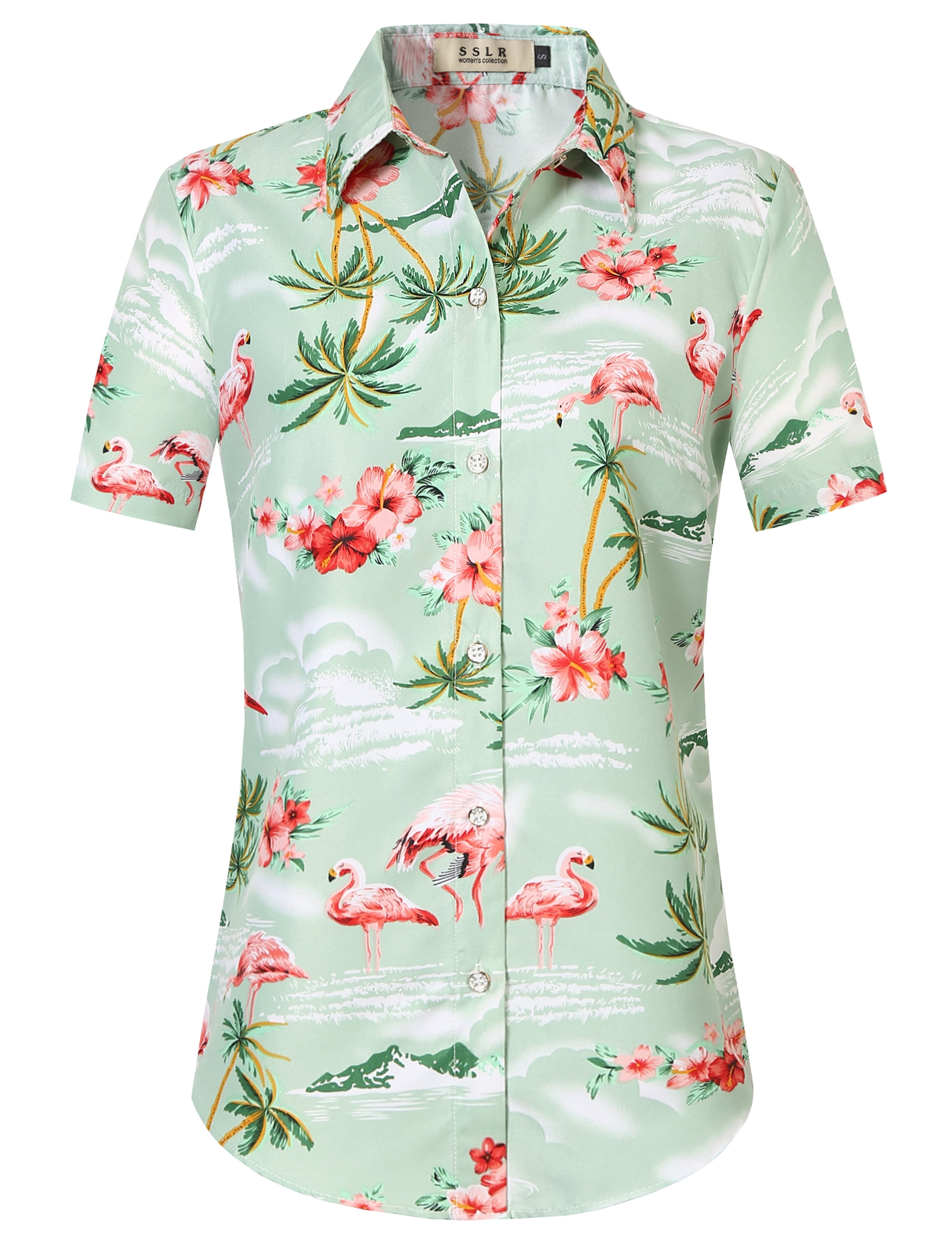 SSLR Hawaiian Shirt for Women Flamingo Short Sleeve Casual Button Down ...