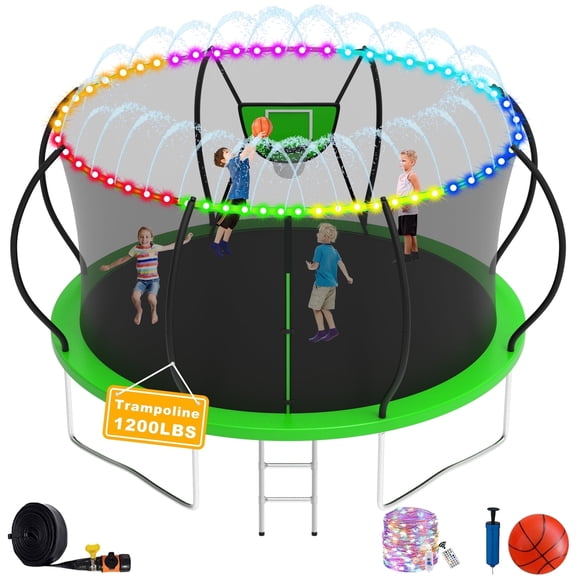 Elitezip Trampoline for Kids and Adults, 8 FT 10FT 12FT 16FT 14FT Trampolines Outdoor with Enclosure Net, Basketball Hoop, Ladder, Light, Sprinkler, Backyard Recreational Trampoline, Curved Design