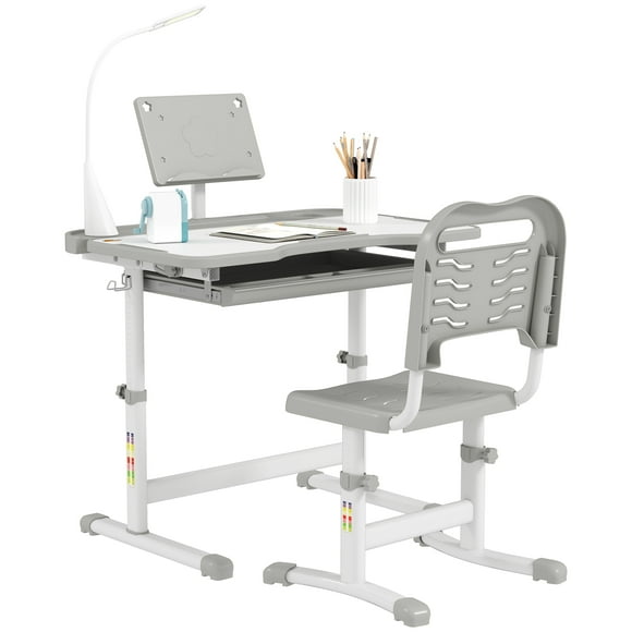 Qaba Kids Desk and Chair Set Height Adjustable Student Writing Desk, Grey