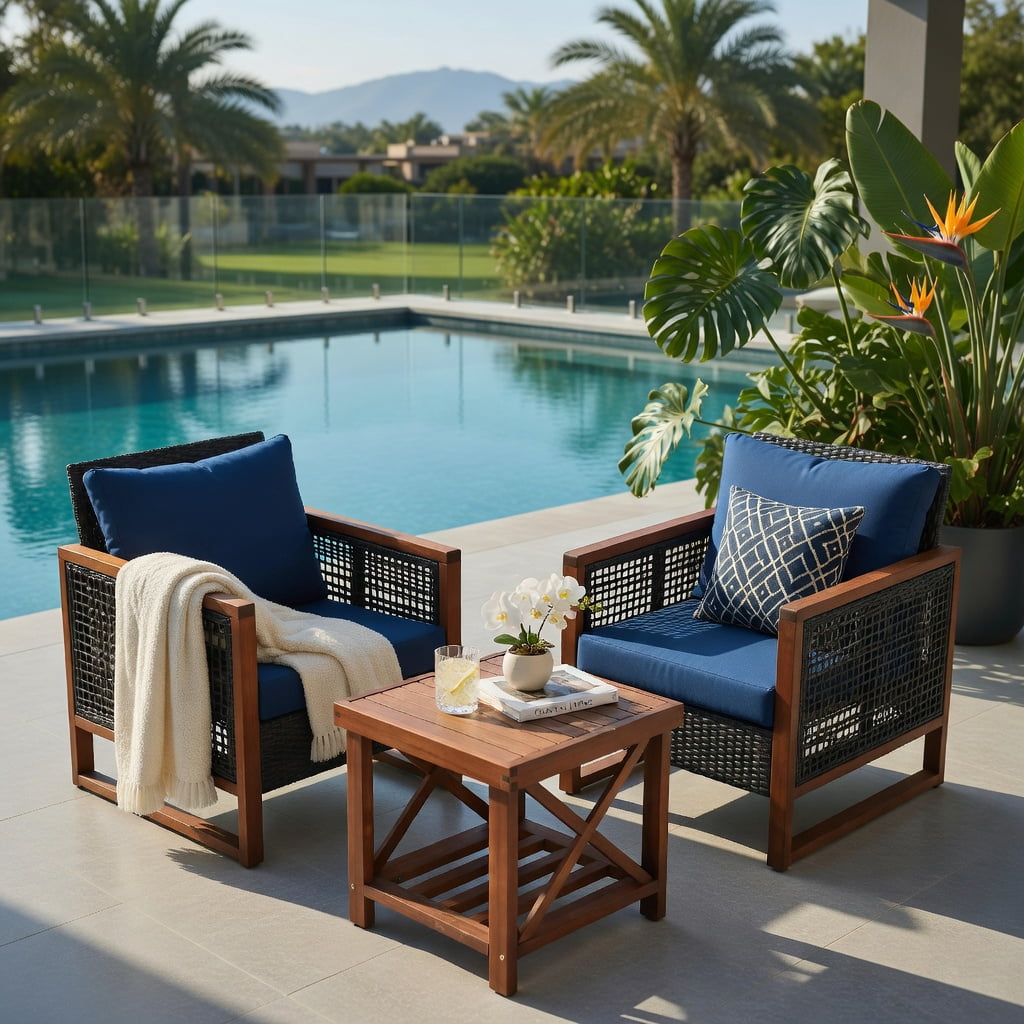 Hommoo 3-Piece Outdoor Wicker Patio Furniture Set, Rattan Sofa & Acacia Wood Coffee Table with Washable Cushions, Navy