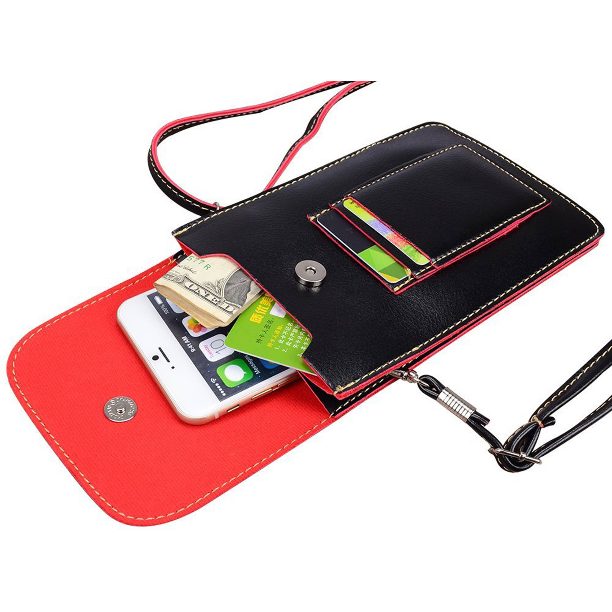 Handy Faux Leather Protective Vertical Wallet Carrying Case Purse bag with Shoulder Strap fits up to 6", 6.25" XL sized phones (or up to 7in x 4.25in)