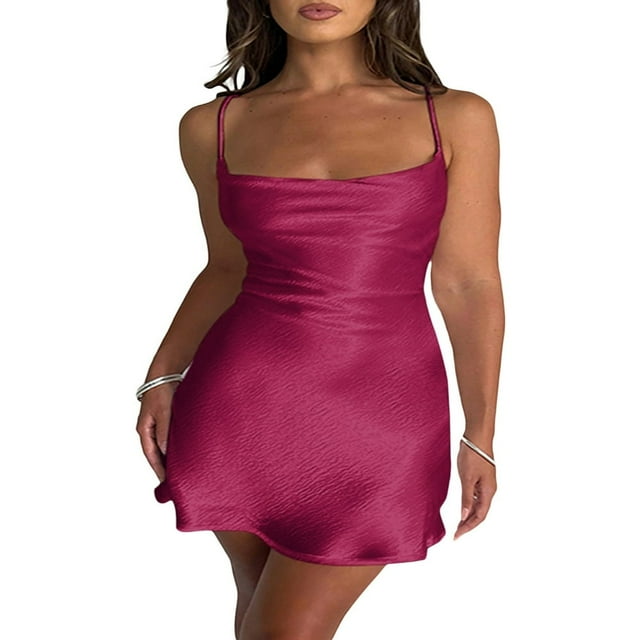 Femmes en Satin Bretelles Spaghetti Cou de Capot Sexy Cocktail Party Robes Midi