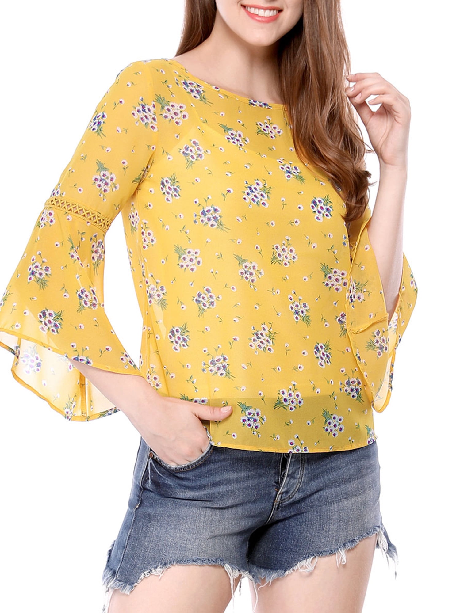 Unique Bargians Women S 3 4 Bell Sleeve Floral Prints Chiffon Blouse With Cami