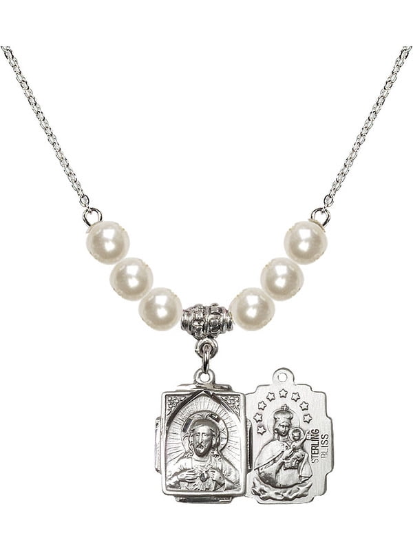 Bonyak Jewelry 18 Inch Rhodium Plated Necklace w// 4mm White April Birth Month Stone Beads and Saint Teresa of Avila Charm