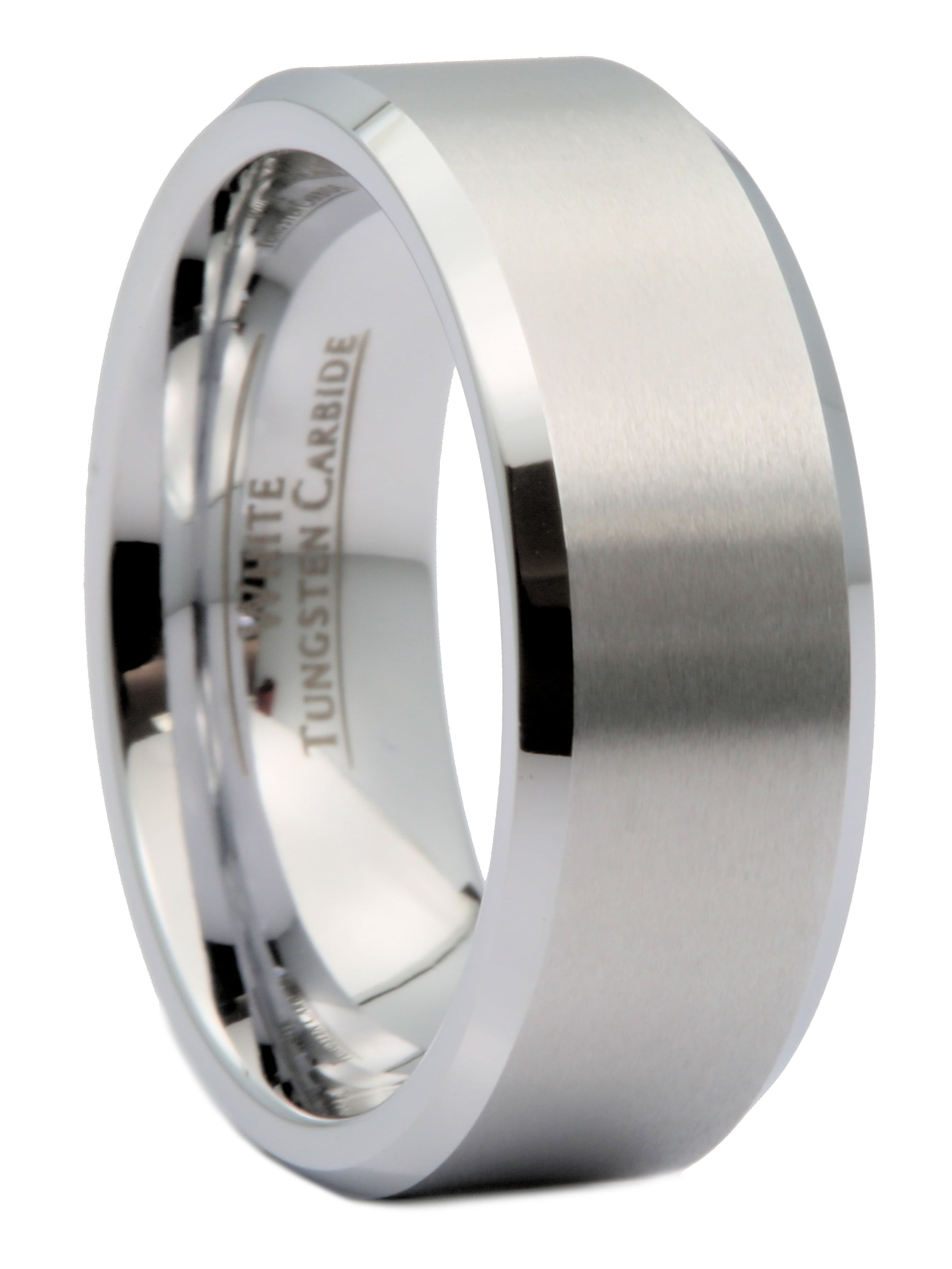 8mm White Tungsten Carbide Brushed Wedding Ring Recessed Edge
