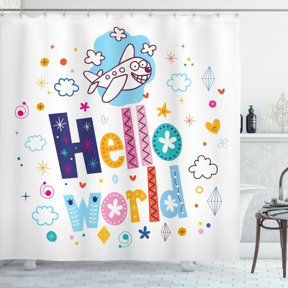 Hello World Shower Curtain, Childish Preschool Letters with Smiling Airplane Clouds Hears and Stars, Fabric Bathroom Set with Hooks, 69W X 84L Inches Extra Long, Multicolor, by Ambesonne