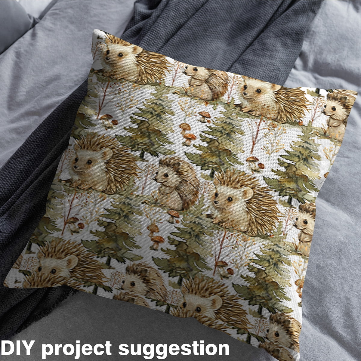 Hedgehog Fabric By The Yard,Watercolor Branch Leaves Upholstery Fabric,Jungle Pine Trees Decorative Fabric,Woodland Wildlife Animal Indoor Outdoor Fabric Natural Mushroom Decor,5 Yards