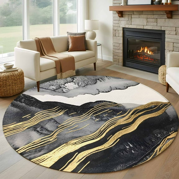 Marble Black Round Rug 5ft Washable Circle Kitchen Rugs Non Slip Modern Luxury Gold Nature Texture Large Area Rug Indoor Floor Carpet for Bedroom Living Room Home Office Dining Room Nursery