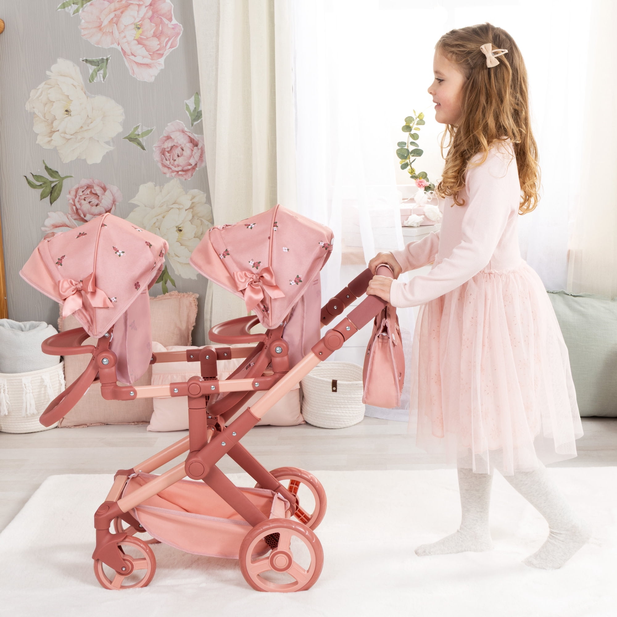 Bayer Design: Doll Pram Xeo Twin - Pink & Flowers - Play Push Stroller, 2 Adjustable Seats & Handle, Handbag, Toy Accessory Fits 18" Dolls, Kids 3+