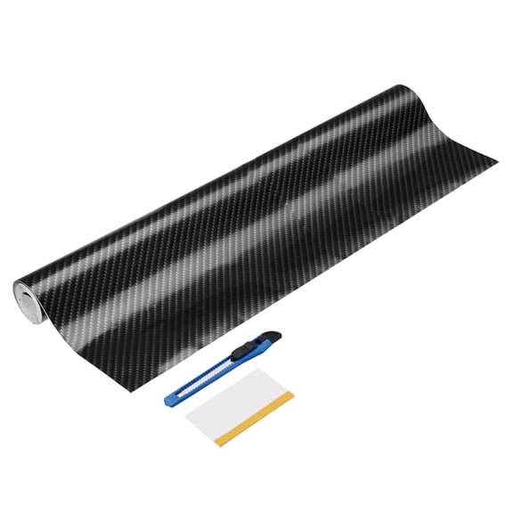 1 Set Carbon Fiber Vinyl Wrap 11.81" x 5ft Self-Adhesive Car Sticker Waterproof Wrap Roll for DIY Decor Automotive Exterior Interior Protection with Scraper Tool, Silver Black