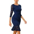 thumbnail image 4 of INSPIRE CHIC Women's Elegant Fishtail 3/4 Sleeve Cocktail Lace Midi Dress Dark Blue S, 4 of 5