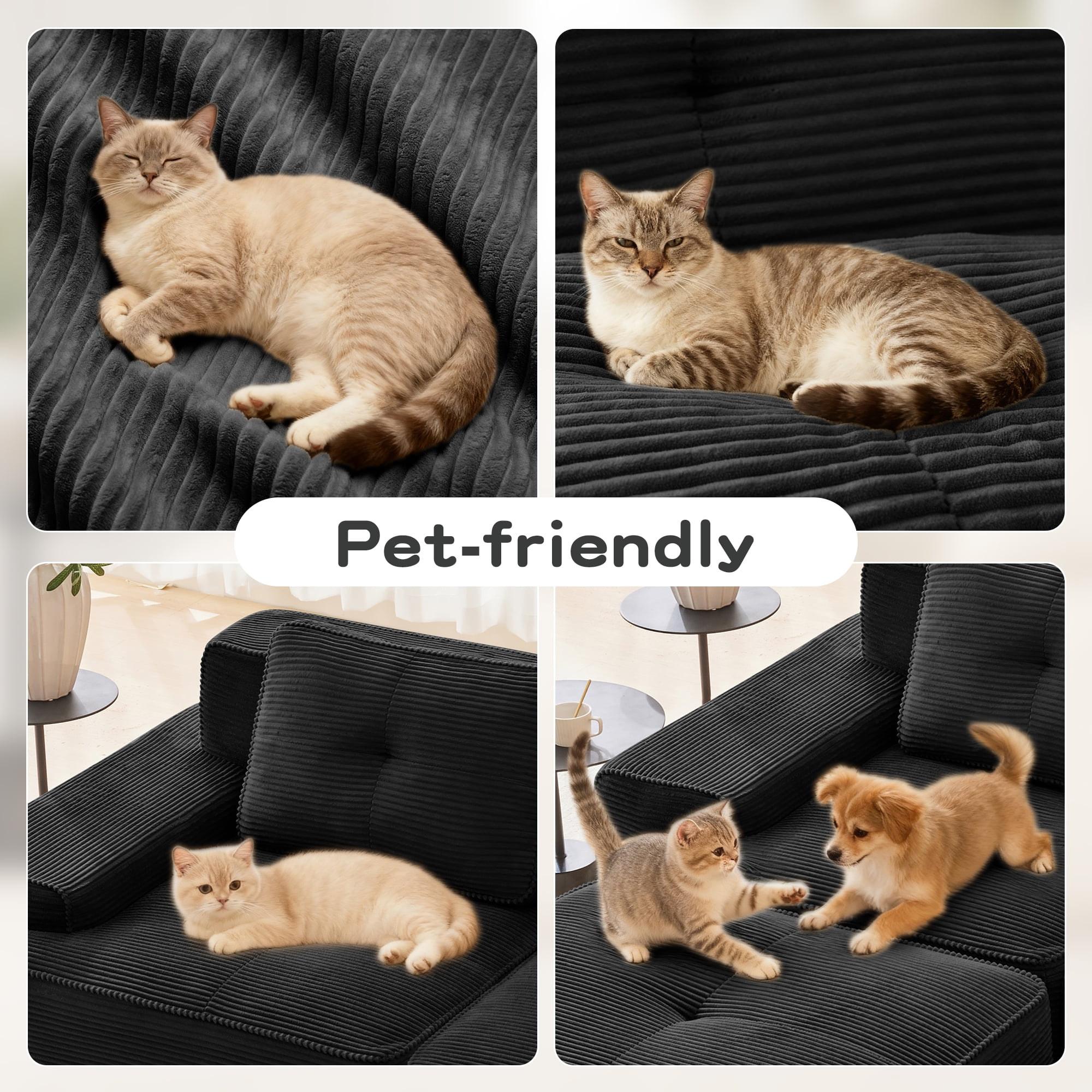 80" Corduroy Modular Sectional Sofa, 2-Seater Tufted Deep Seat Couch, Pet-Friendly Couch, No Assembly, Black