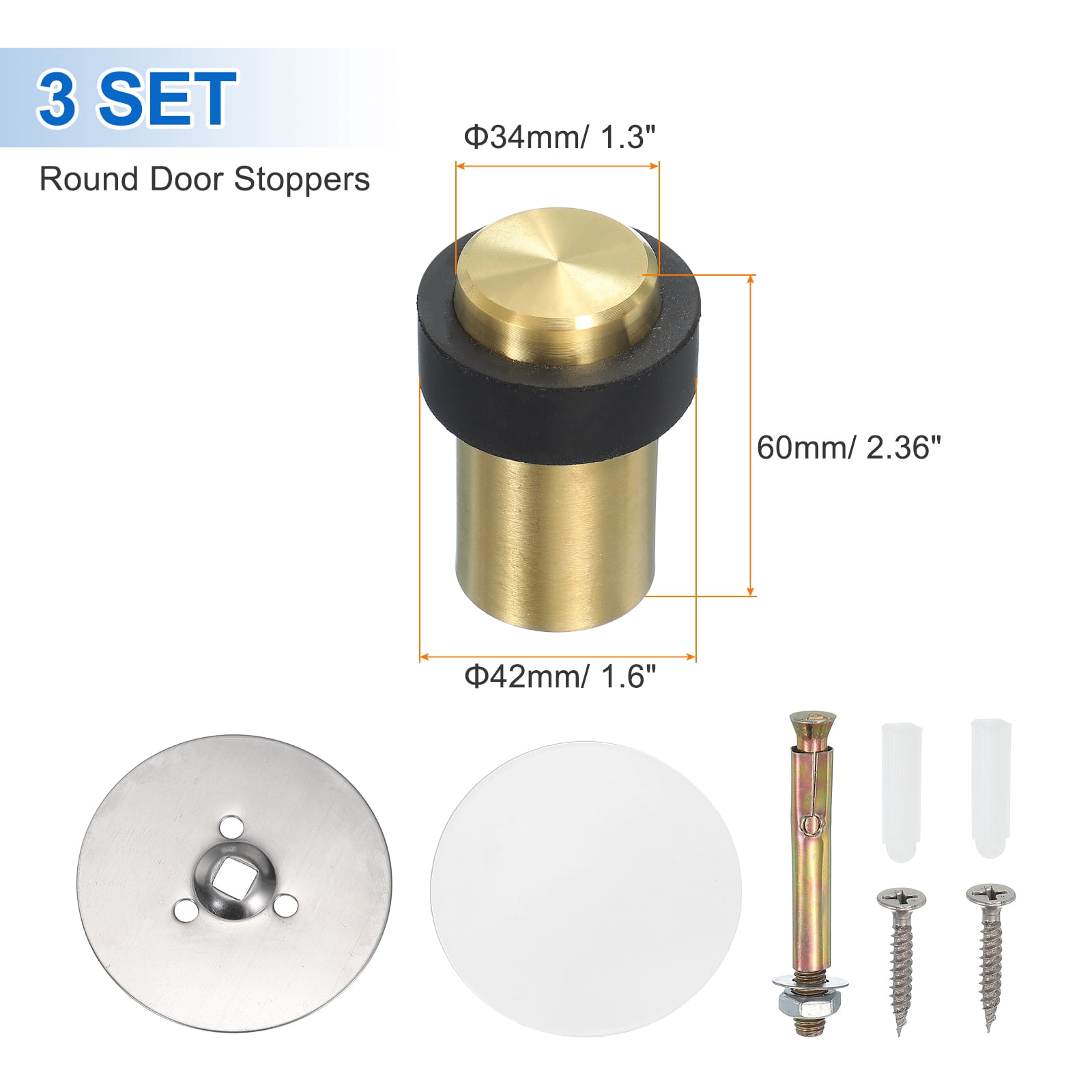 3Set Round Door Stoppers, 60mm Stainless Steel Door Stop Doorstop Wedge Metal Cylinder Self Adhesive with Screw for Bottom of Door Floor Inside, Gray