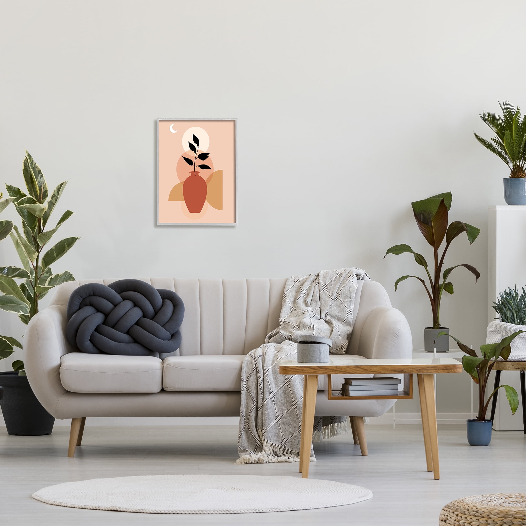 Stupell Industries Boho Vase & Moon Botanical & Floral Painting Gray Framed Art Print Wall Art, 16 x 20
