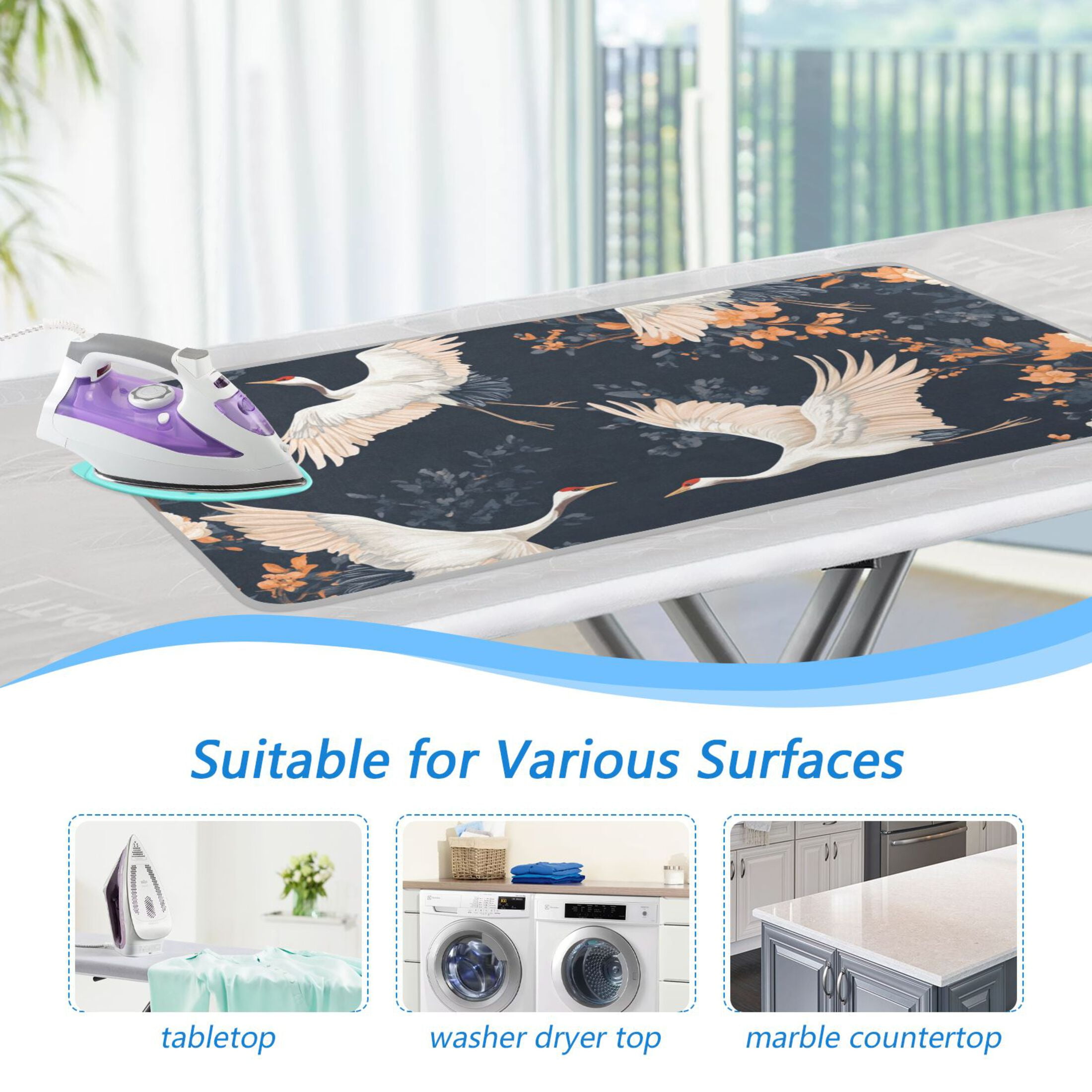 White Cranes Ironing Board Covers Heat Resistant Ironing Pad Mat Portable for Travel Washer Dryer Table