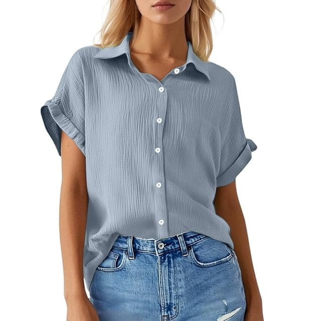 Chemise à Manches Courtes pour Femmes, Couleur Unie, Manches Chauve-Souris, Poche à Boutons