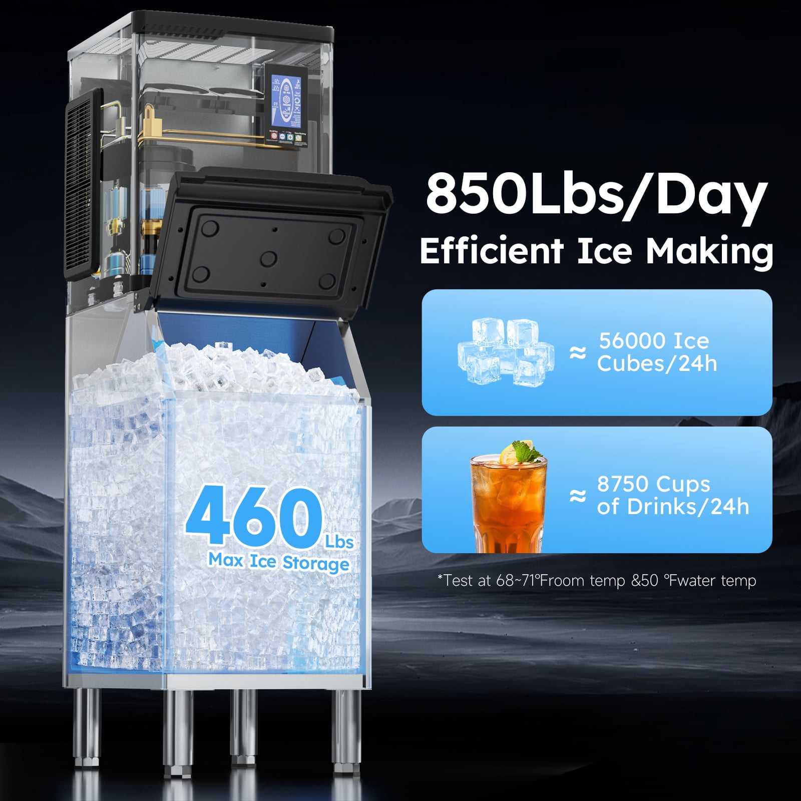 Commercial Ice Machine Industrial 650LBS/1 Day Ice Maker with 450 Storage Bin