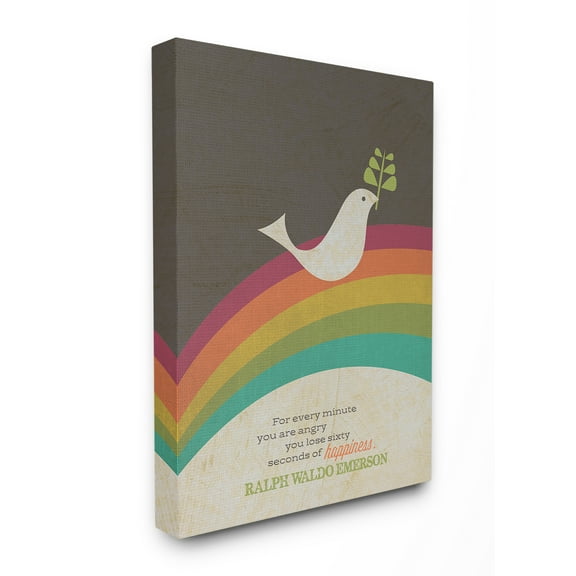 The Stupell Home Decor Collection Emerson Happiness Quote Typography Peace Dove with Branch and Rainbow Stretched Canvas Wall Art, 16 x 20
