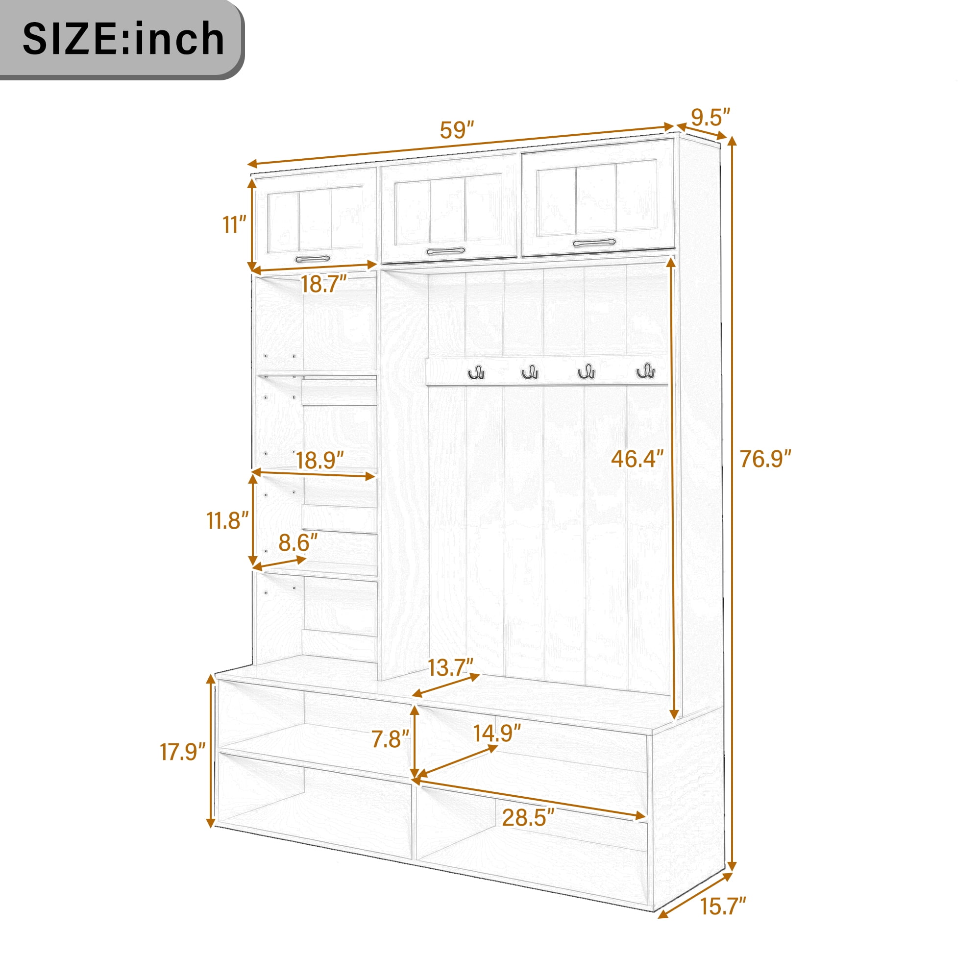 HOQBN 77"H Farmhouse Hall Tree with Bench and Shoe Storage, 5-in-1 Entryway Bench with Coat Rack, Modern Entryway Storage Organizer Cabinet with 4 Hooks for Hallway, Entryway, Living Room,White