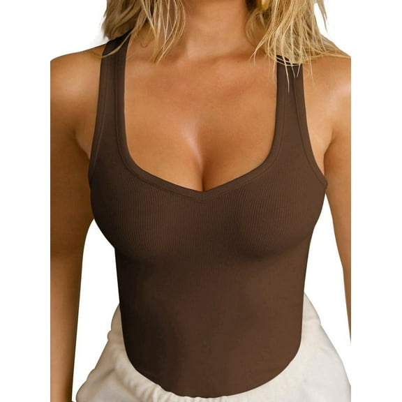 Womens Summer Tank Tops Square Neck Sleeveless Low Cut Shirts Ribbed Tanks Slim Fitted Casual Basic Tee Coffee S
