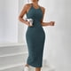 thumbnail image 1 of TaTaai Women's Ribbed Halter Neck Midi Dress Sleeveless Round Neck Fitted Bodycon Solid Knee Length for Summer Beach Party Daily Casual Wear Soft Stretchy Gift, 1 of 6