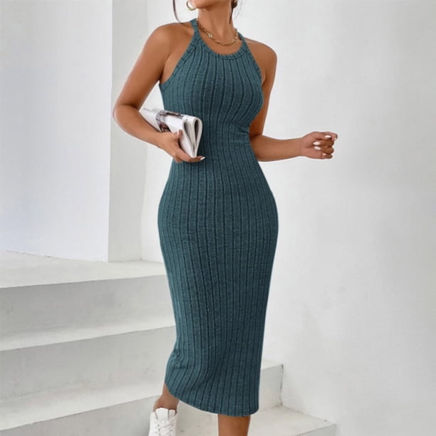 TaTaai Women's Ribbed Halter Neck Midi Dress Sleeveless Round Neck Fitted Bodycon Solid Knee Length for Summer Beach Party Daily Casual Wear Soft Stretchy Gift