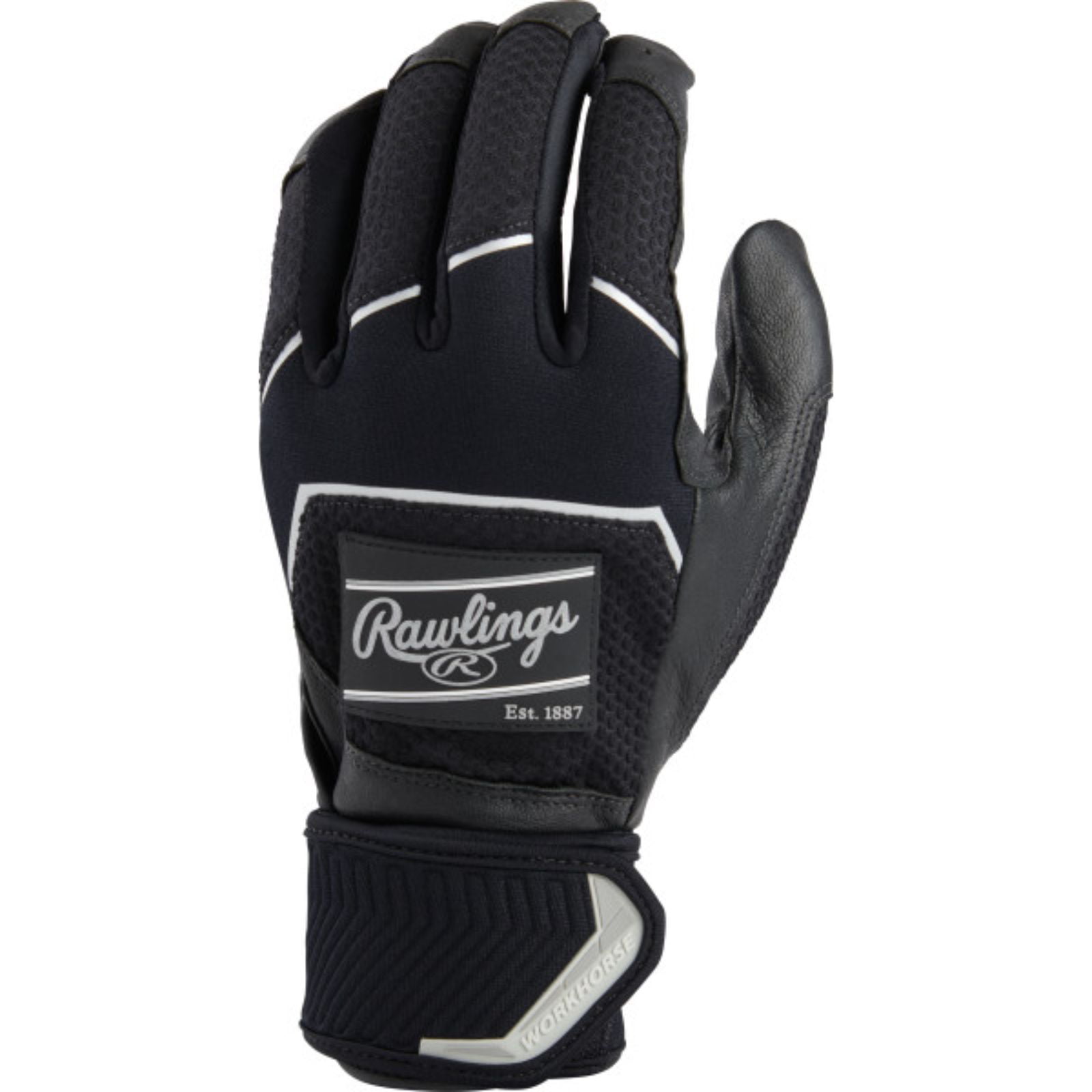 Black & White Rawlings Workhorse w/ Strap Adult Men's Baseball Batting Gloves 