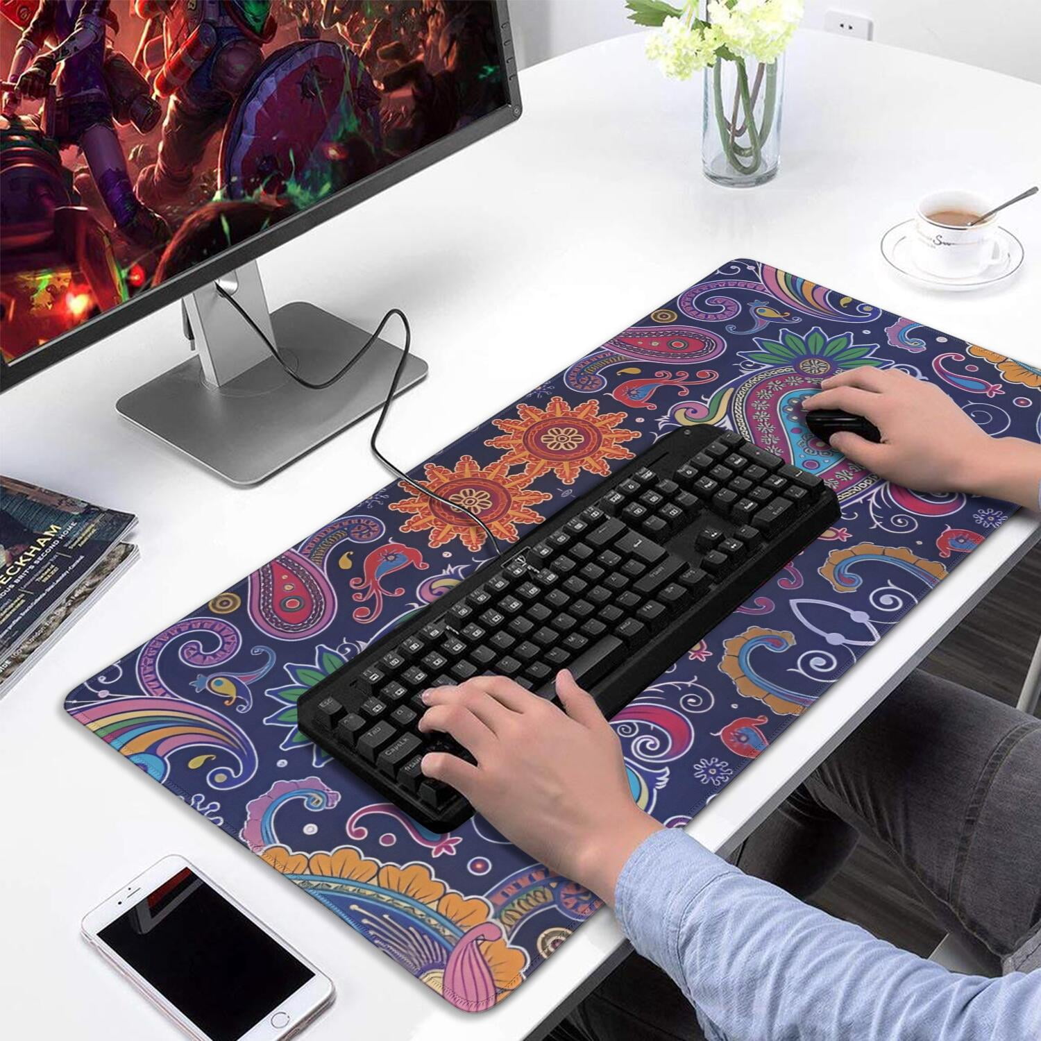 Long Mouse Pads for Desk,Multicolor Ethnic Paisley Pattern Desk Mats on Top Of Desks, Desk Mouse Pad Extra Large with 3mm Non-Slip Base and Stitched Edge for Gaming,Office,Work,Home 31.5"x15.7"