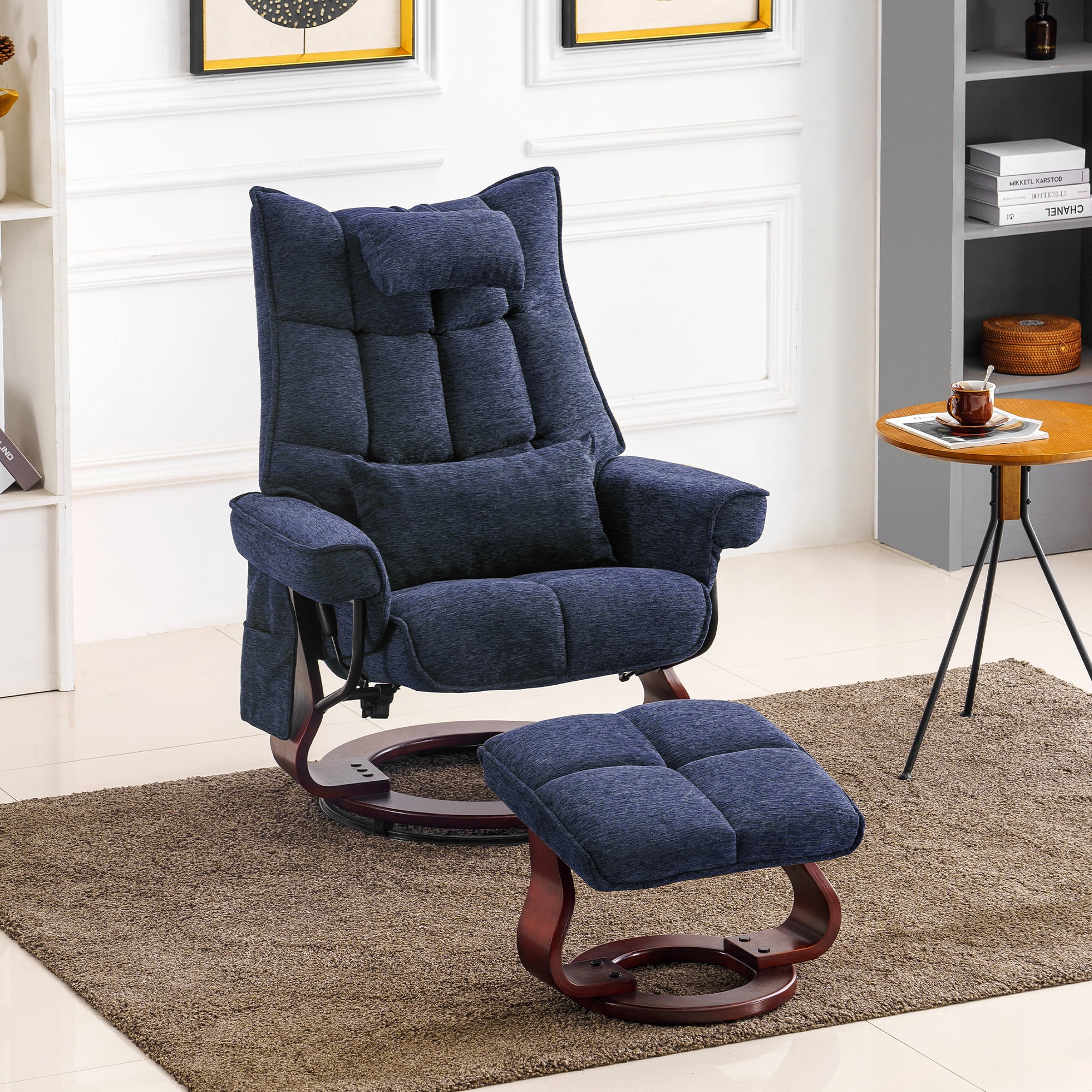 Mcombo Swivel Recliner with Ottoman, Massage TV Chairs with Neck Pillow and Side Pocket for Living Reading Room, Chenille Fabric 4188