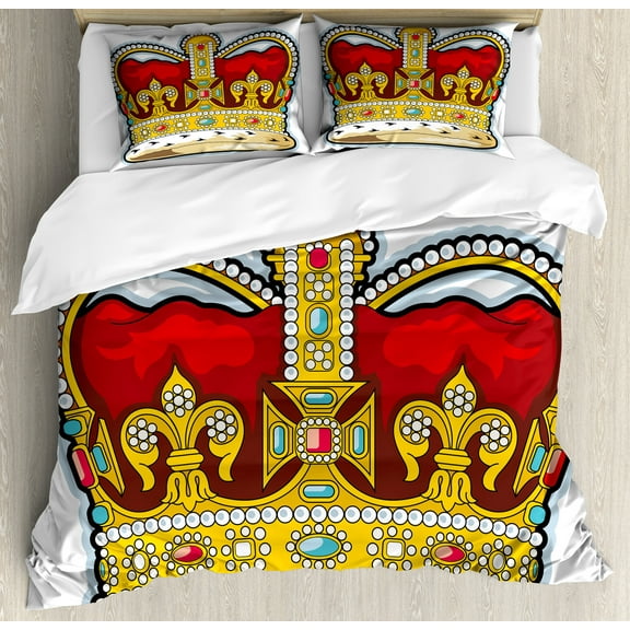 Heraldry Duvet Cover Set, Medieval British Crown with Middle Age Inspired Stones and Forms Art Print, Decorative 3 Piece Bedding Set with 2 Pillow Shams, Calking Size, Ruby Earth Yellow, by Ambesonne