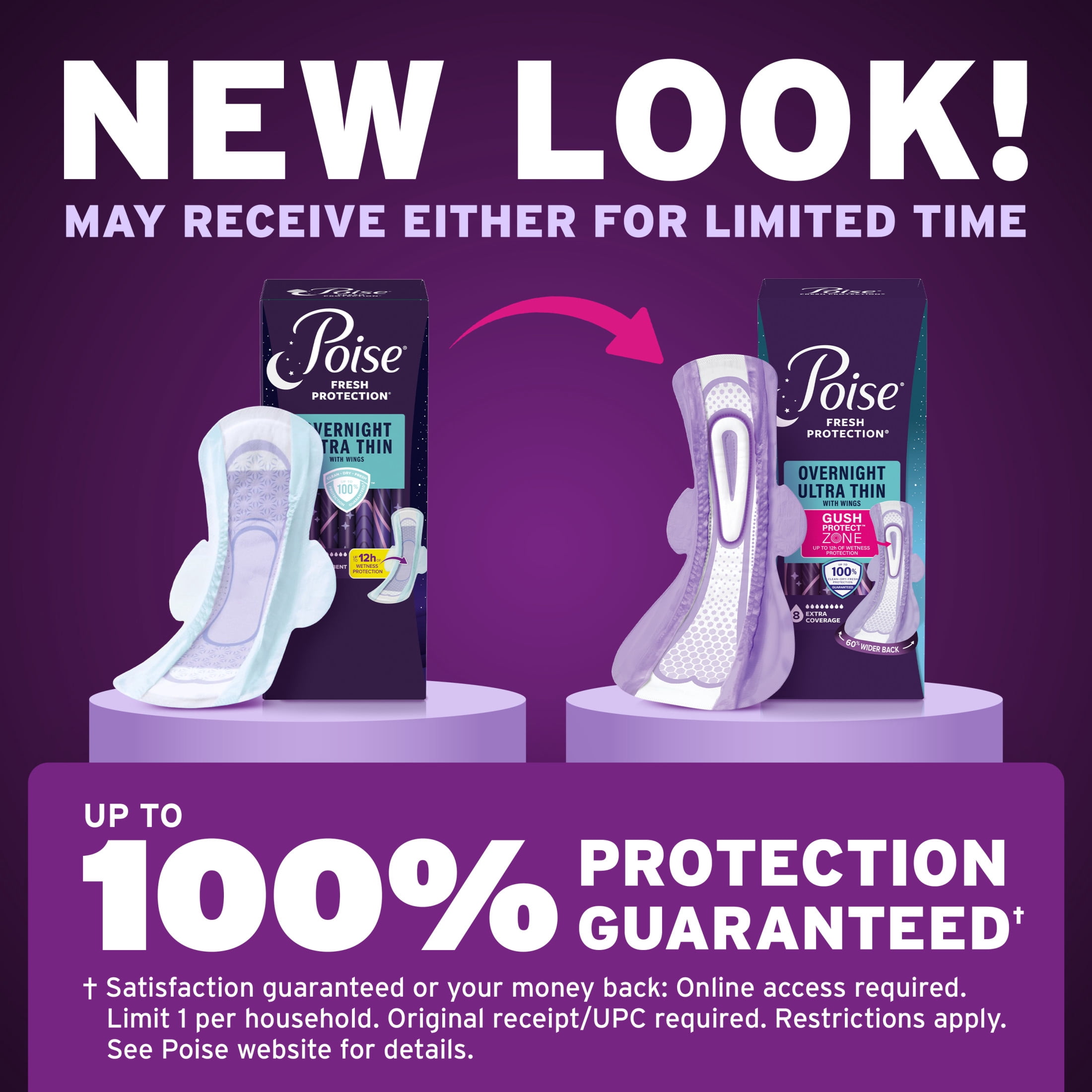 Poise Overnight Ultra Thin Incontinence Pads with Wings, 8 D