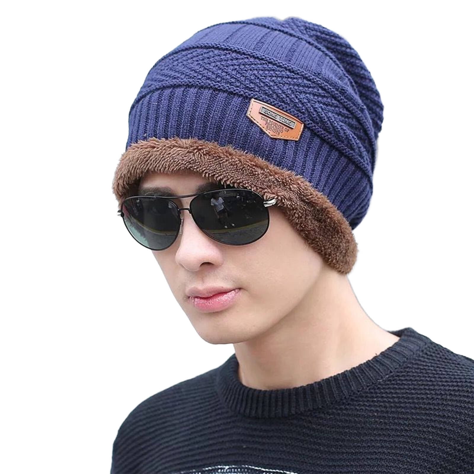 Men's Knitted Beanie Hat With Visor – Winter Warm Cap, Fleece Lined, Navy Blue, One Size Fits All