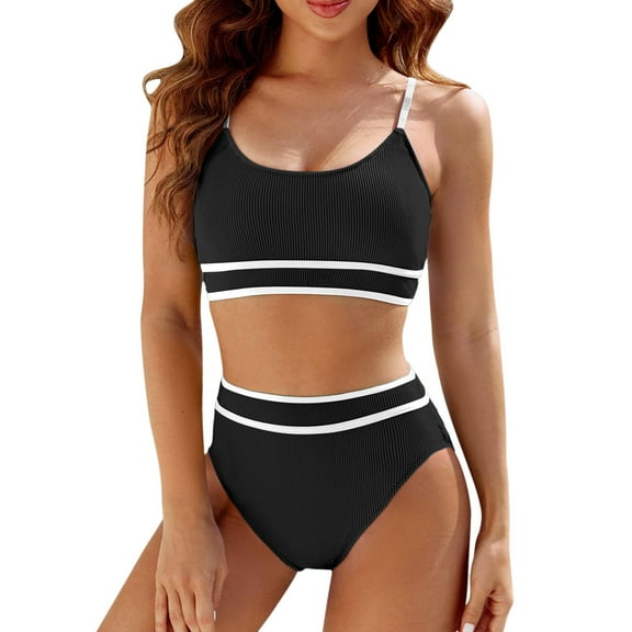 Womens Swimsuits High Waisted Bikini Sets Sporty Two Piece Color Block High Cut Black Women's Swimwear L