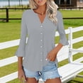 thumbnail image 4 of Craaazy Women's Relaxed Fit V Neck Blouse, Solid Color 3/4 Sleeve Flare Cuff Top, Loose Comfy Button Accent Casual Tee for Spring & Summer Gifts, 4 of 7