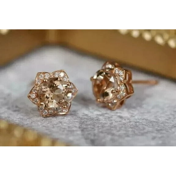 2.10Ct Round Cut Lab-Created Morganite Women Stud Earrings 14k Rose Gold Plated