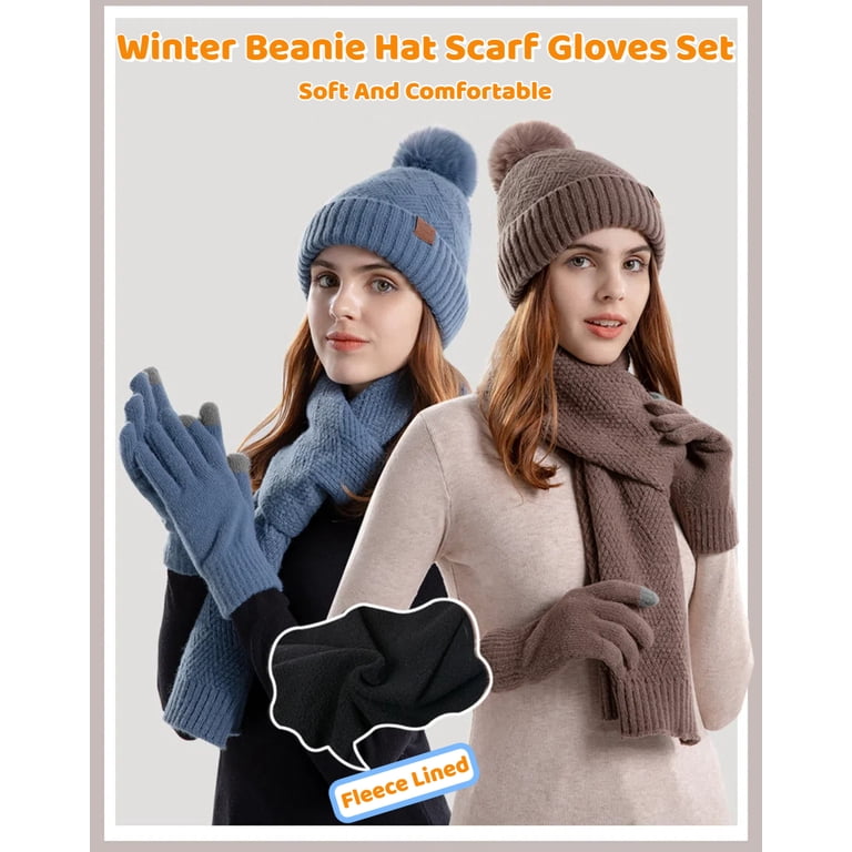 Winter Hat Scarf Gloves Headband Set, Fleece-Lined Pom Pom Beanie Touchscreen Uerymit Womens Winter Beanie Hat with Pom Pom Fleece Lined  main image 2