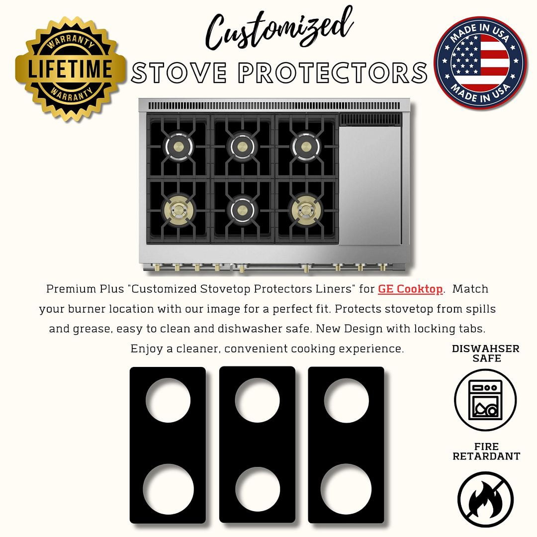 Premium Plus Stove Protectors for GE Gas Cooktop Model ZGP486NDTSS, Custom Cut, Easy to Clean Stove Liner, Made in the USA.