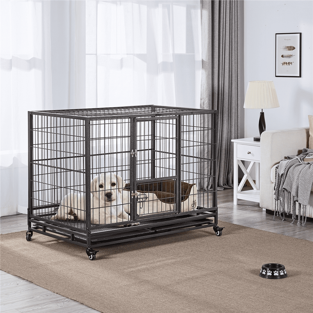 Easyfashion 43 inch Heavy Duty Metal Rolling Dog Cage Kennel,Black