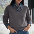 thumbnail image 6 of Ohufall Sweater for Women with Denim Collar, Button Long Sleeve Knit Top, Solid Patchwork Pullover Casual Fall Tops, 6 of 6