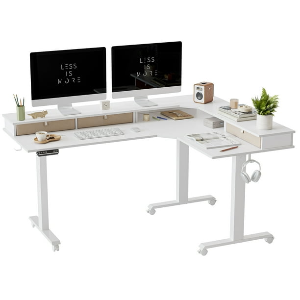 Triple Motor L Shaped Standing Desk with Three Drawers, 63 inches Electric Standing Desk Adjustable Height, Corner Stand Desk with Splice Board, White Frame/White Top - Walmart.com